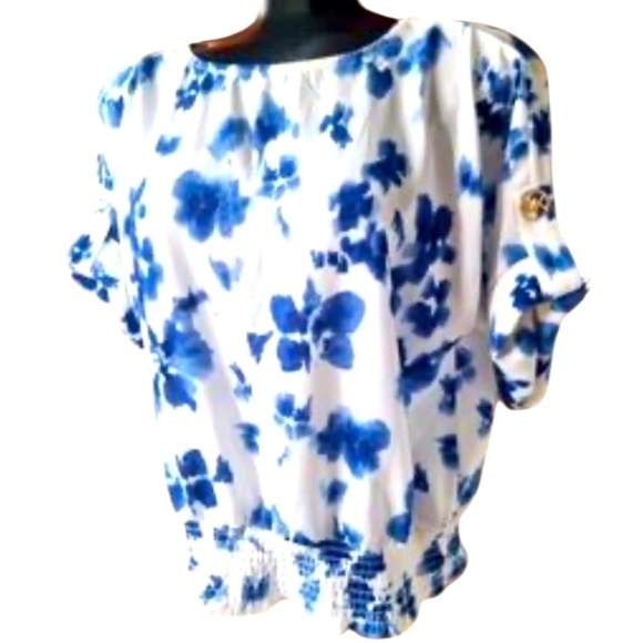 Michael Kors Blue and White Floral Blouse Draped Sleeves and Gathered Waist Sz L - Picture 8 of 10